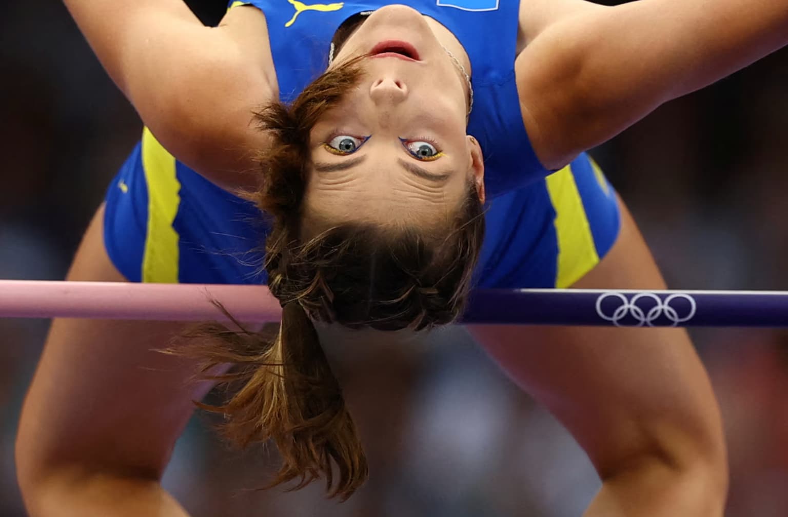 Ukrainian high jumper Yaroslava Mahuchikh competes in the women’s high jump final. 